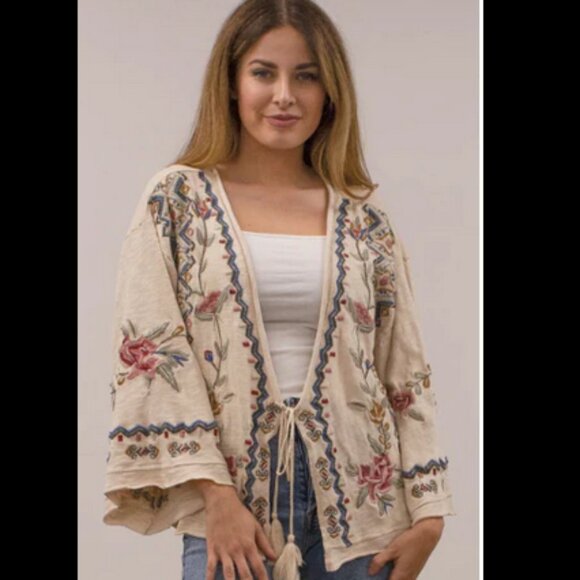 Caite & Kyla Indy Kimono Front Open Beige Boho Tunic Coverup Top S